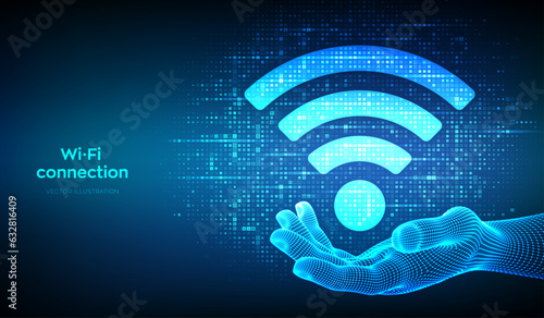 Wi-Fi network icon. Wi Fi sign made with binary code in hand. Wlan access, wireless hotspot signal symbol. Mobile connection zone. Data transfer. Router or mobile transmission. Vector illustration.