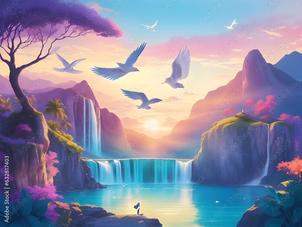 Vector illustration. Landscape - sunset. Volcanic mountains. Birds flying over the waterfall - obrazy, fototapety, plakaty 
