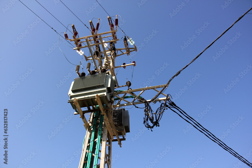 Power electric pole with line wires on insulators. Power electric pole with line wires on insulators.