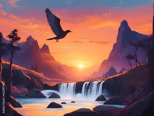 Vector illustration. Landscape - golden sunset. Volcanic mountains. Birds flying over the waterfall © Asela