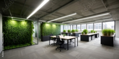Blurred sustainable green office interior  future sustainable business. Zero carbon  Carbon Neutrality  and Net zero emissions concept.