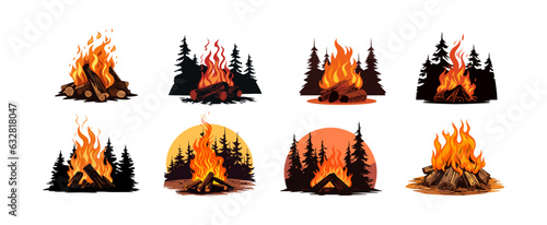 Camp fire graphic design collection. Set of travel adventure campfir outdoors symbol vector illustration