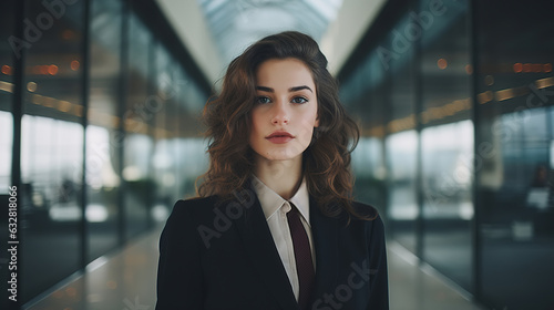 Portrait confident independent woman elegant and stylish in business suit and standing in corridor of building, looking at camera