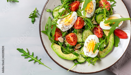 Foto Tasty and healthy salad made of avocado, eggs, tomato, cucumber, cheese, arugula and chia seeds on a light plate