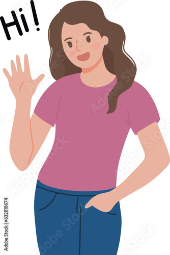 Portrait of woman waving say hi illustration