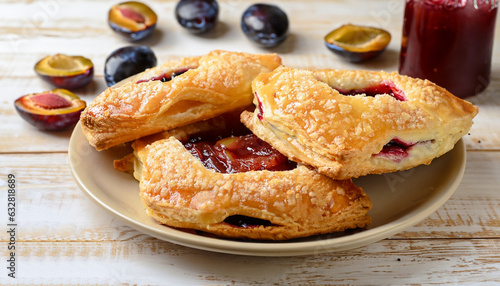 Msemmen - traditional Moroccan puff pastries with plum jam on a light wooden table. photo