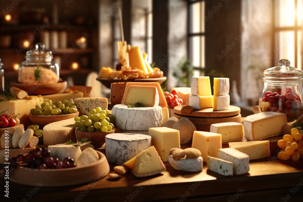 Assortment of cheese on wooden table, closeup. Dairy products. Cheese Selection. Large assortment of international cheese specialities. Assortment of cheese on wooden table, closeup. Dairy products. Cheese Selection. Large assortment of international cheese specialities.