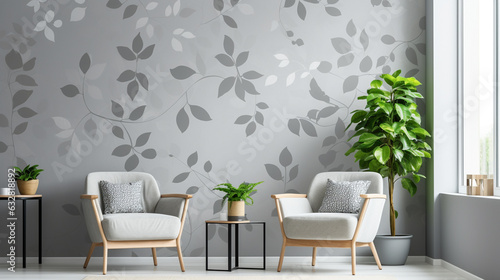 modern living room with furniture, Chair and table in gray living room interior with small of leaves wallpaper. Real photo