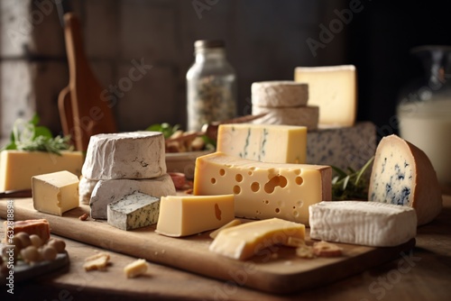 Assortment of cheese on wooden table, closeup. Dairy products. Cheese Selection. Large assortment of international cheese specialities.