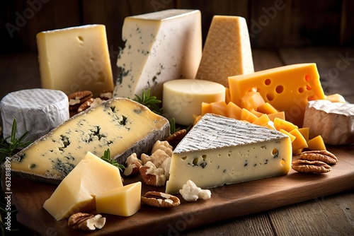 Assortment of cheese on wooden table, closeup. Dairy products. Cheese Selection. Large assortment of international cheese specialities. photo