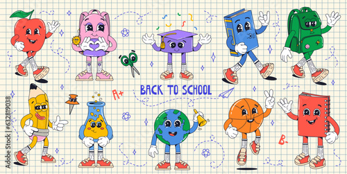Set isolated school supplies groovy characters in gloves on white background. Bag pack, book, ball, pencil, flask, globe, apple. Flat retro classic cartoon style. Back to school.