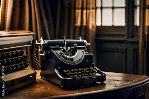 Vintage Typewriter with Black Keys Sitting on a Worn Wooden Desk pen_spark