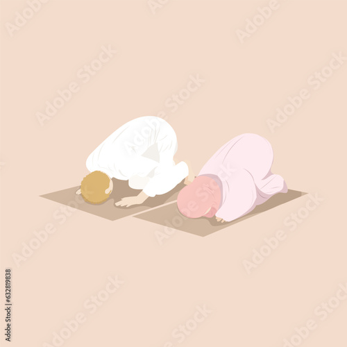 Muslim couple praying together in sujud position in the prayer mat