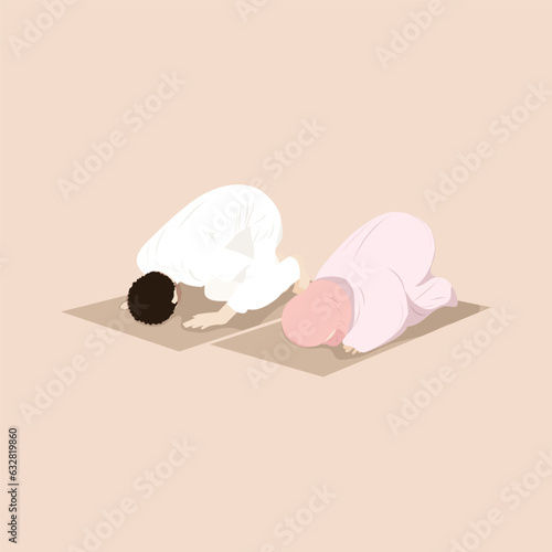 Muslim couple praying together in sujud position in the prayer mat