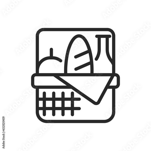 Picnic Basket Icon. Vector Outline Editable Sign of Basket Filled with Various Food Items. Linear Minimal Illustration for Outdoor Dining, Camping and Relaxation.