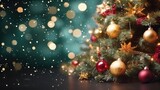 decorated Christmas tree with blurred snow background.