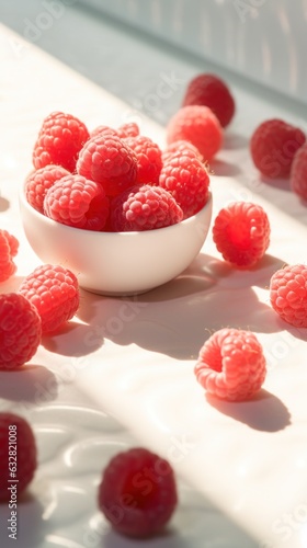 Red raspberries in a white bowl against a white background. vertical orientation.