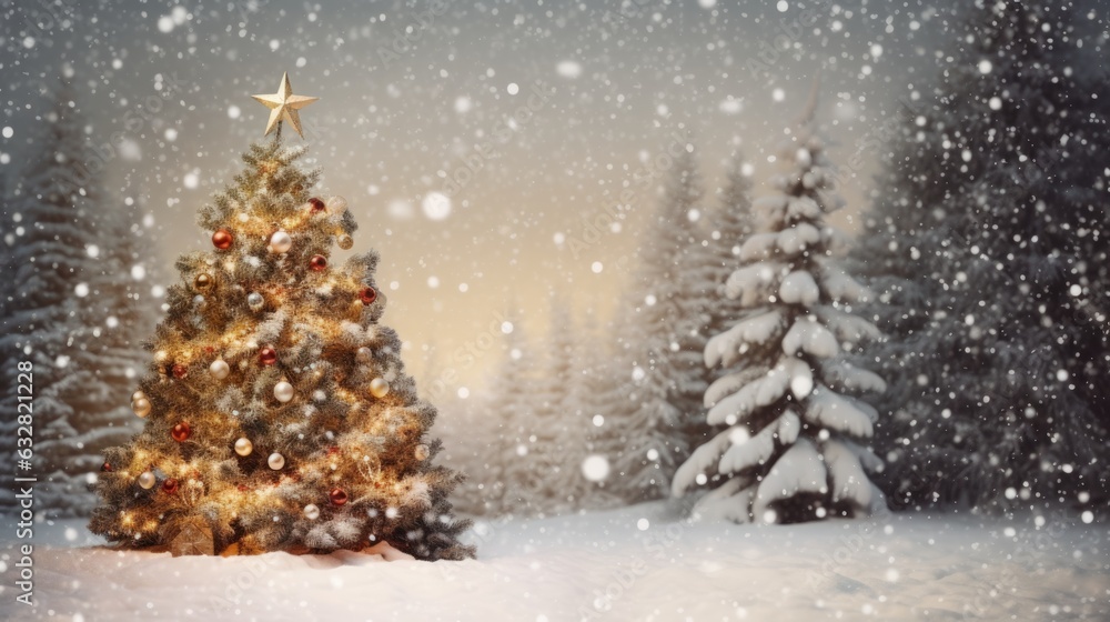 decorated Christmas tree with blurred snow background.