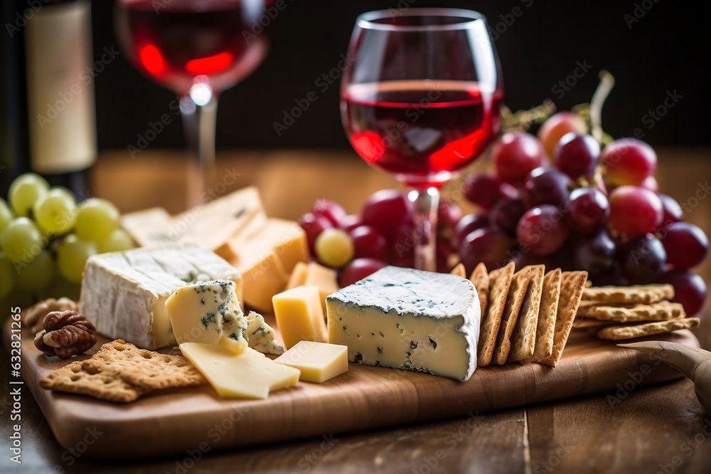 Glass of red wine with cheese, grapes and cookies on wooden background. Cheese platter with organic cheeses, fruits, nuts and wine on wooden background. 