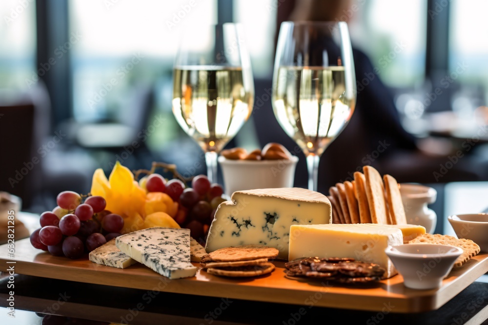 Glass of wine with cheese, grapes and cookies on wooden background. Cheese platter with organic cheeses, fruits, nuts and wine on wooden background. Tasty cheese starter. Glass of wine with cheese, grapes and cookies on wooden background. Cheese platter with organic cheeses, fruits, nuts and wine on wooden background. Tasty cheese starter.