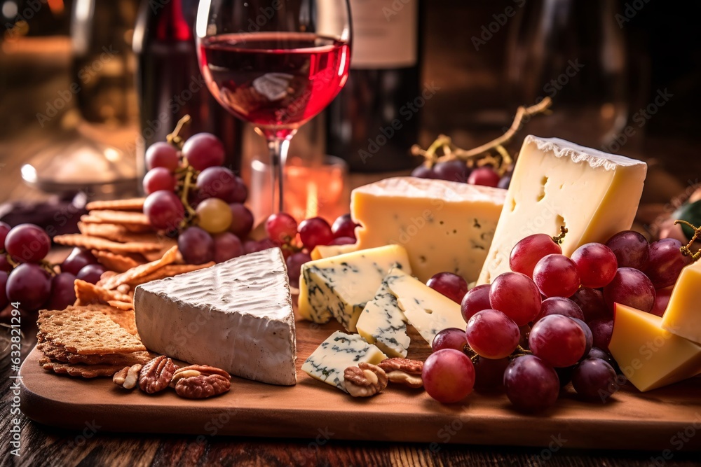 Glass of red wine with cheese, grapes and cookies on wooden background. Cheese platter with organic cheeses, fruits, nuts and wine on wooden background. 