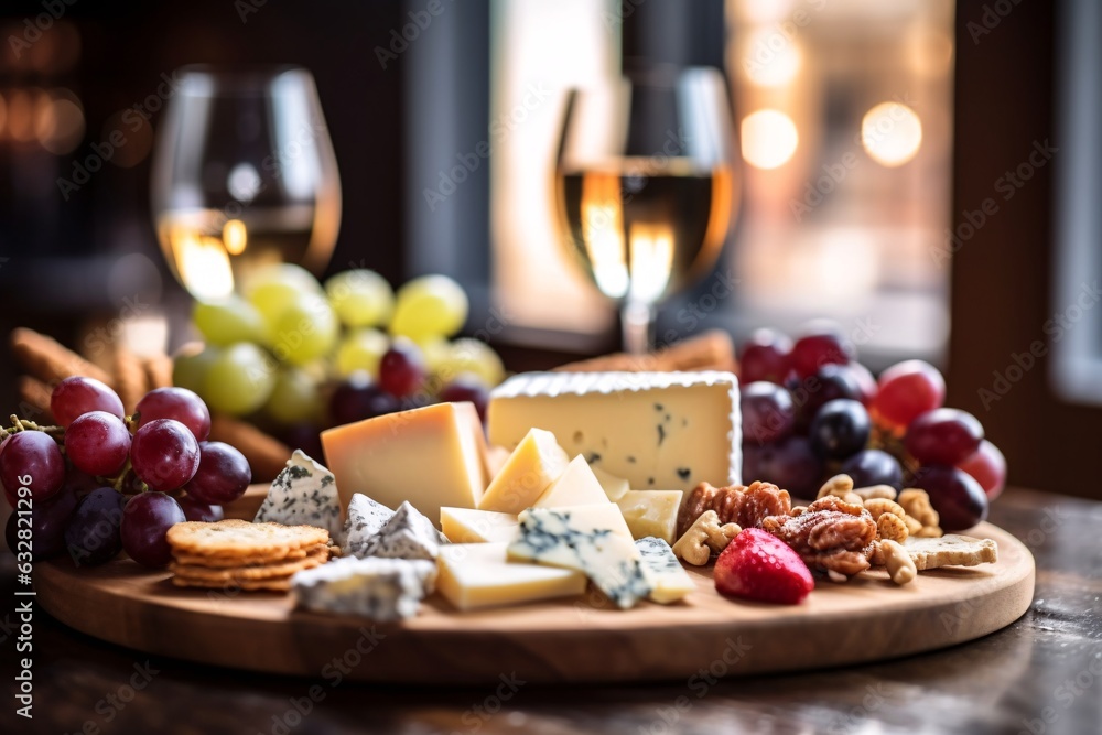 Glass of wine with cheese, grapes and cookies on wooden background. Cheese platter with organic cheeses, fruits, nuts and wine on wooden background. Tasty cheese starter.