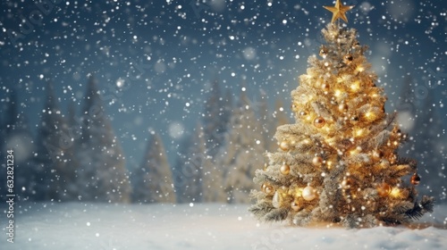 decorated Christmas tree with blurred snow background. © ANEK