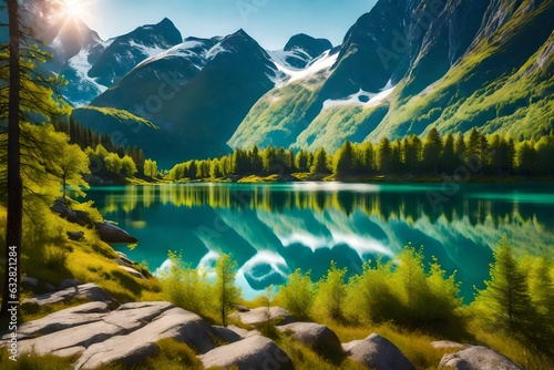 Impressive summer view of Lovatnet lake, municipality of Stryn, Sogn og Fjordane county, Norway. Colorful morning scene in Norway generative ai technology
 photo