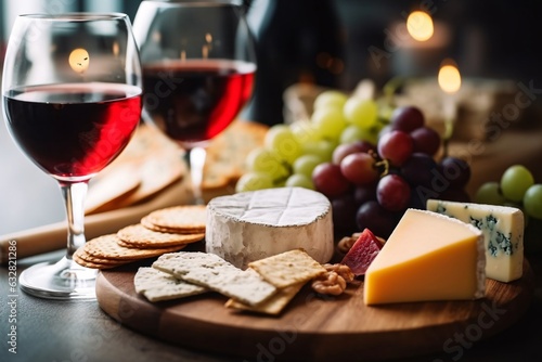 Glass of red wine with cheese, grapes and cookies on wooden background. Cheese platter with organic cheeses, fruits, nuts and wine on wooden background. 
