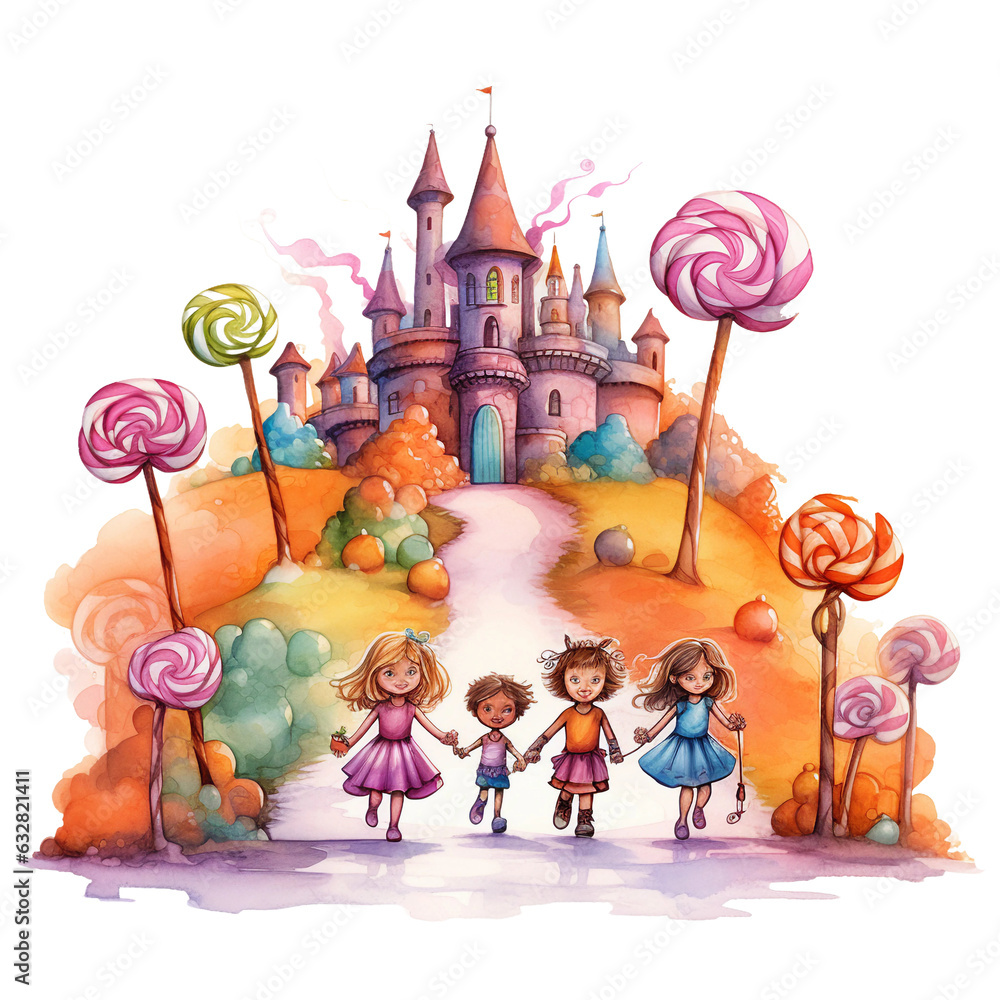 Children playing in a halloween candyland watercolor illustration isolated, fairy tale castle