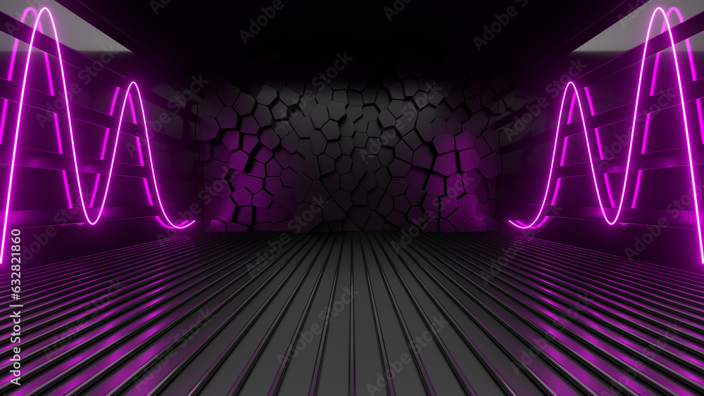 Fototapeta premium Sci Fy neon glowing lines in a dark tunnel. Reflections on the floor and ceiling. 3d rendering image. Abstract glowing lines. Techology futuristic background.