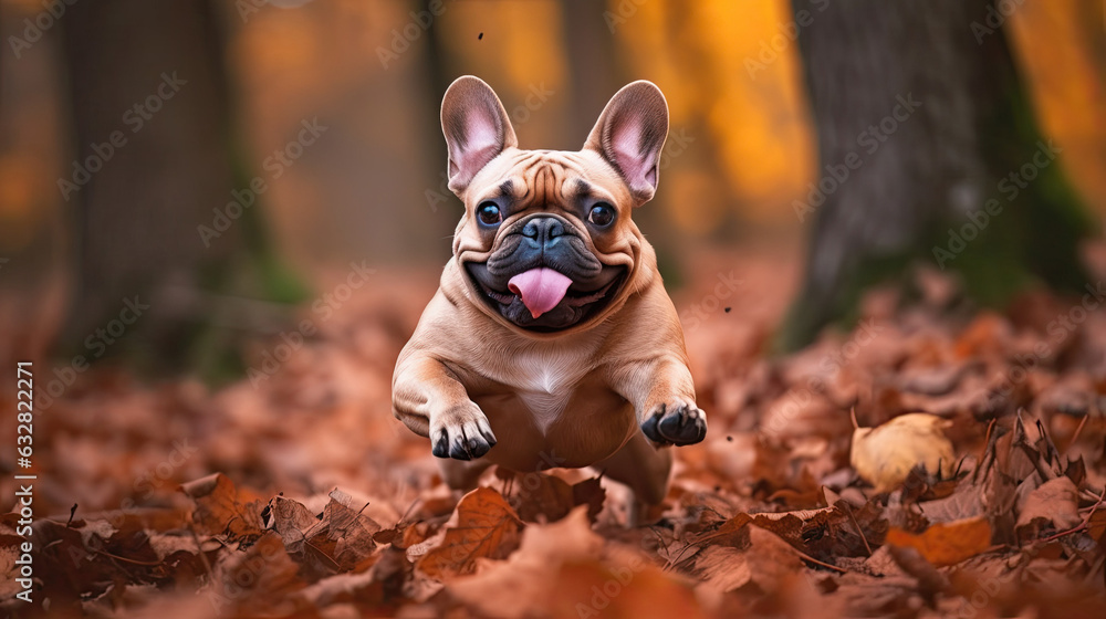 Dog French Bulldog jump over the leaves autumn mood with Generative AI Technology