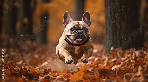 Dog French Bulldog jump over the leaves autumn mood with Generative AI Technology