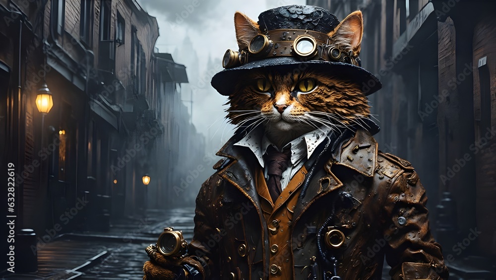 Steampunk Cat Detective, Uncover Mystery and Intrigue in a Pointillism-Style Tree Setting