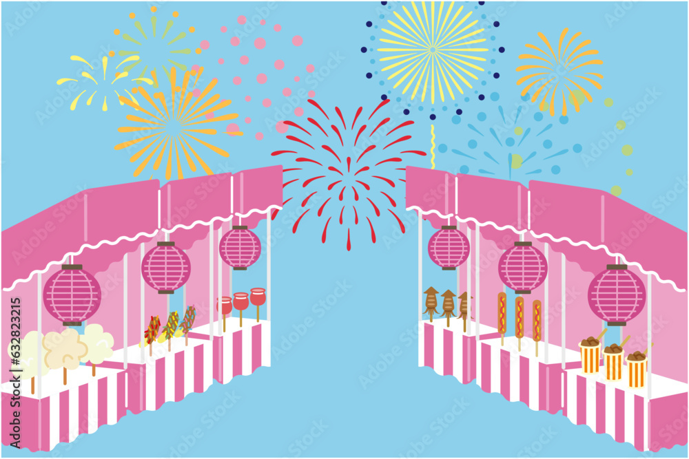 Φωτογραφία 屋台と花火の夏祭りのイラスト　横（ブルー）