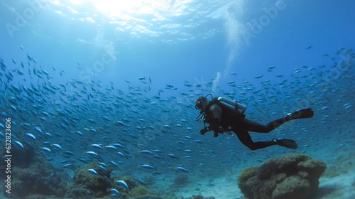 scuba diver explores coral reef in tropical sea, ocean. Activity on vacation, holiday scene with underwater world adventure theme background for your design projects