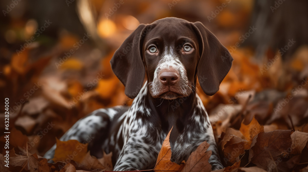 German Shorthaired Pointer puppy in autumn leaves