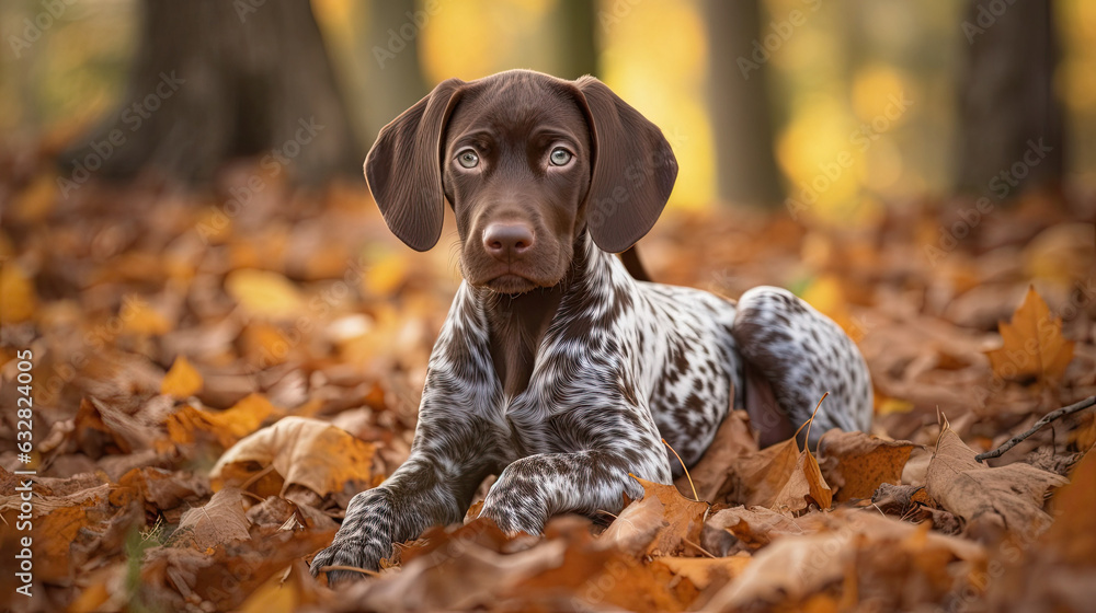 German Shorthaired Pointer puppy in autumn leaves