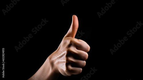 Gesture thumb up of human hand photo isolate on black background