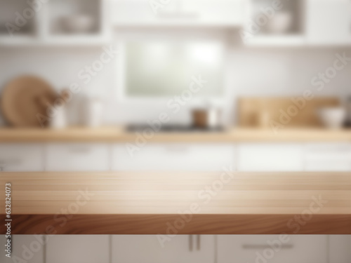 Empty Beautiful wood table top and blur bokeh modern kitchen interior background. ai generated