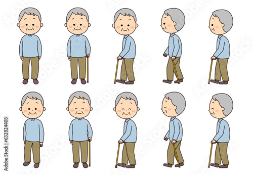 杖を使うかわいいおじいさんのセット