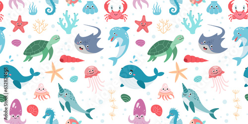 Hand drawn ocean creatures seamless pattern. Cartoon Sea animals. Vector doodle style sea animals for design. Vector illustration isolated on white background. Sea life pattern.