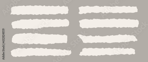 Torn thin and long pieces of paper. Cutout material strip with jagged edges. Ripped horizontal fragments collection. Textured grunge element bundle for collage, text box, banner, sticker. Vector