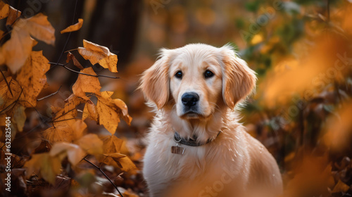 Golden Retriever puppy in autumn leaves