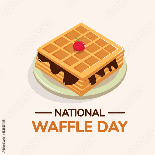 Waffle with cherries and melted chocolate on a plate cartoon vector illustration good for national waffle day