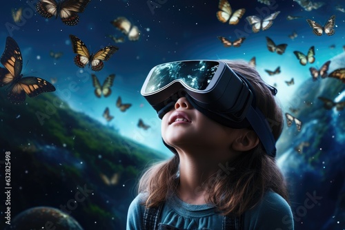 Girl wearing virtual reality headset. VR goggles innovation technology. Generative AI