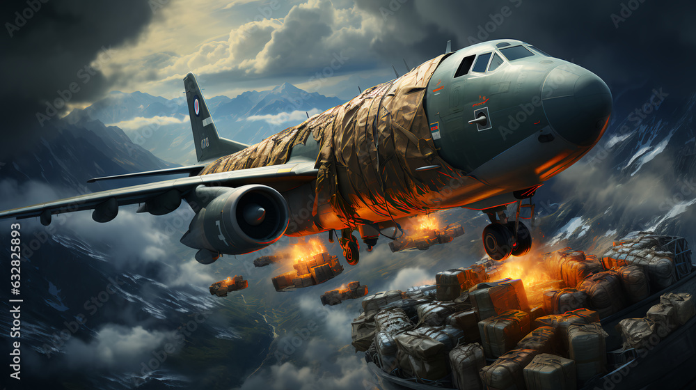 Naklejka premium A military cargo plane flies at high speed and drops cargo. Air Force. AI generated