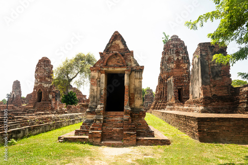 Landscape Ayutthaya Historical Park in Ayutthaya. Old kingdom of Siam. Summer day with blue sky. Famous tourist destination