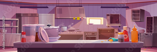 Commercial kitchen interior in restaurant, cafe or canteen with professional equipment for cooking. Dish, cooker pot, sauces on table in catering kitchen, vector cartoon illustration