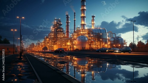 Industrial oil refinery petrochemical chemical plant with equipment and tall pipes at night. AI generated